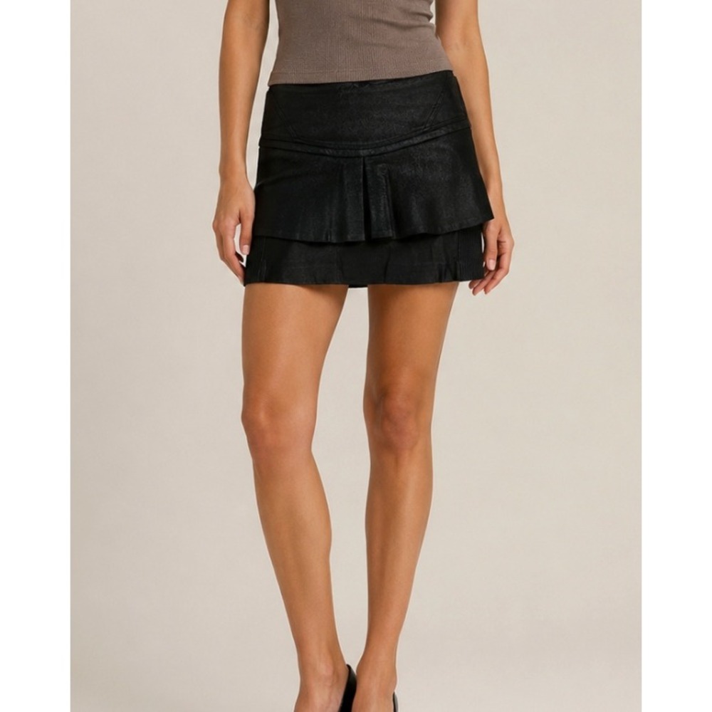 IRO Jeanne Black Lamb Leather Tiered Ruffle Mini Micro Skirt Ribbed Detail Sz 38